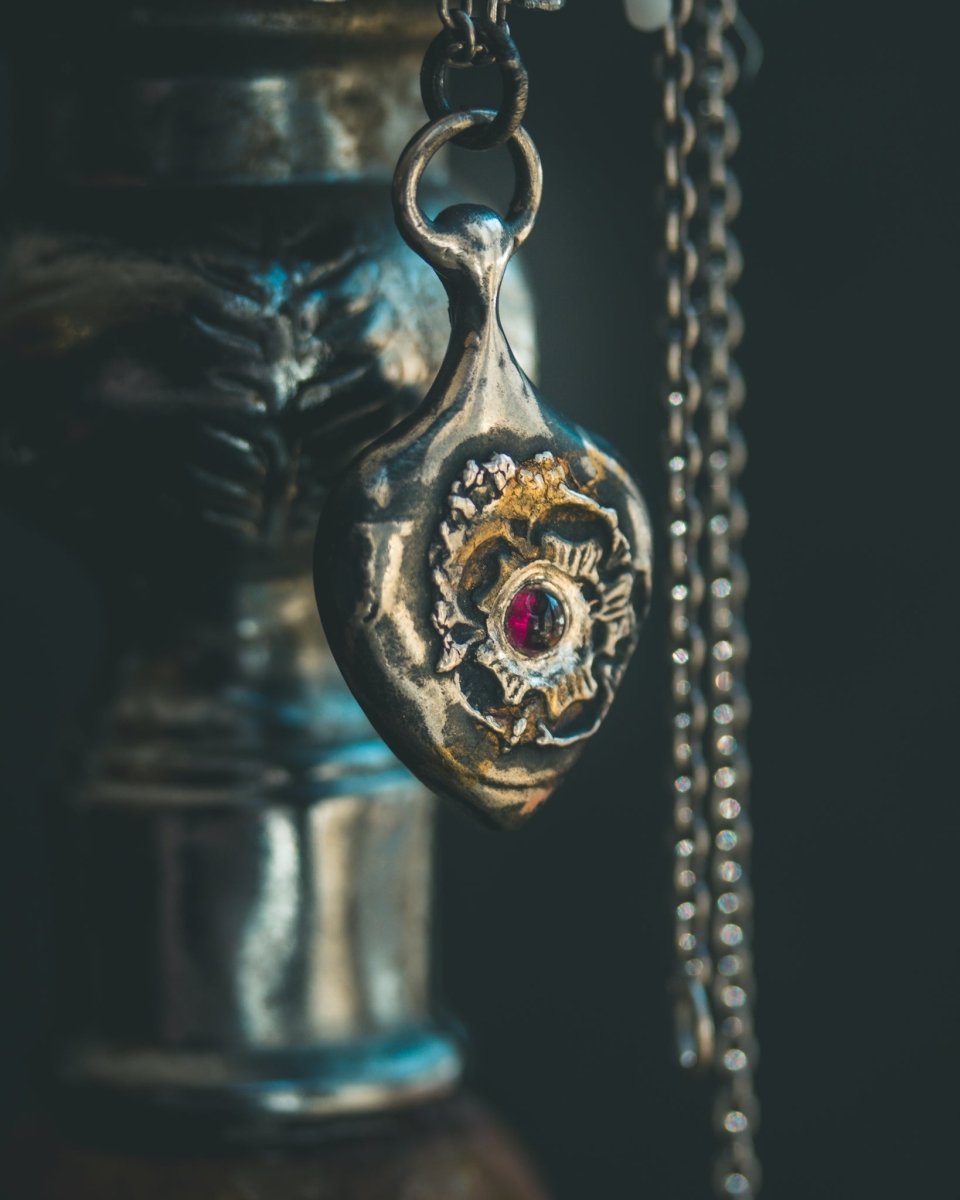 Rose of Death Tarot Amulet with Cabochon Rhodolite Garnet | Strength & Transformation - Machinations