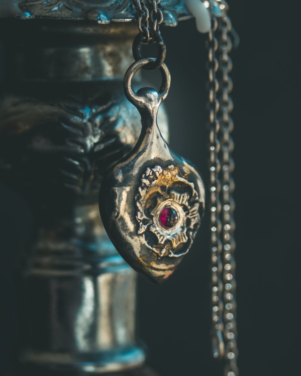 Rose of Death Tarot Amulet with Cabochon Rhodolite Garnet | Strength & Transformation - Machinations