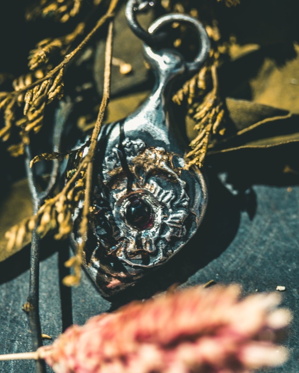 Rose of Death Tarot Amulet with Cabochon Rhodolite Garnet | Strength & Transformation - Machinations