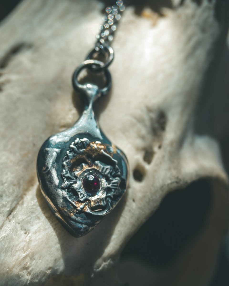 Rose of Death Tarot Amulet with Cabochon Rhodolite Garnet | Strength & Transformation - Machinations