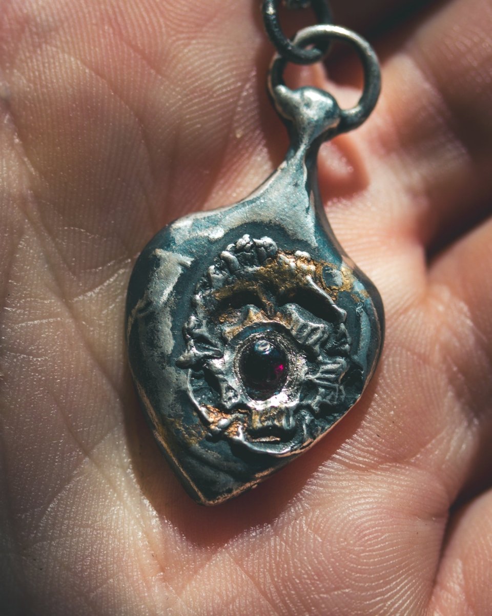 Rose of Death Tarot Amulet with Cabochon Rhodolite Garnet | Strength & Transformation - Machinations