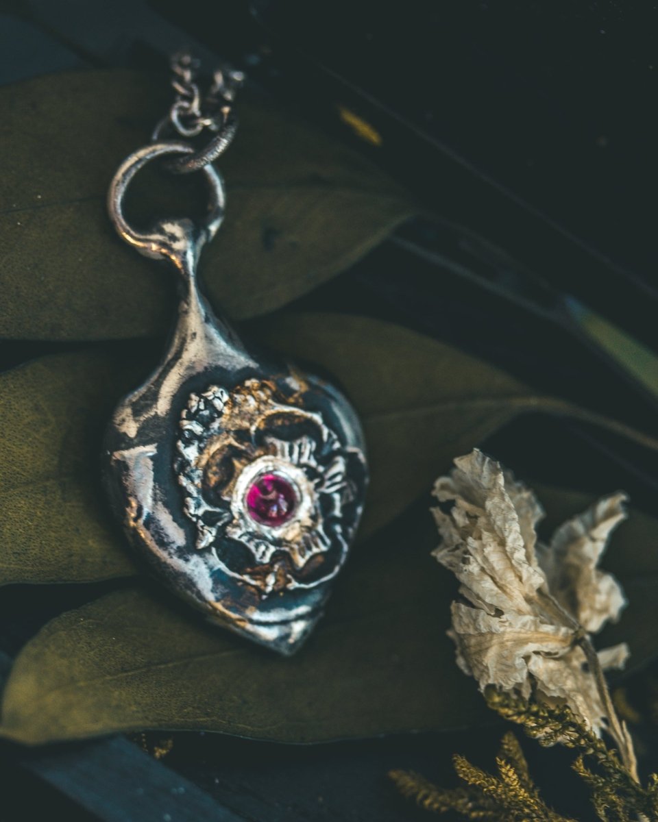 Rose of Death Tarot Amulet with Cabochon Rhodolite Garnet | Strength & Transformation - Machinations