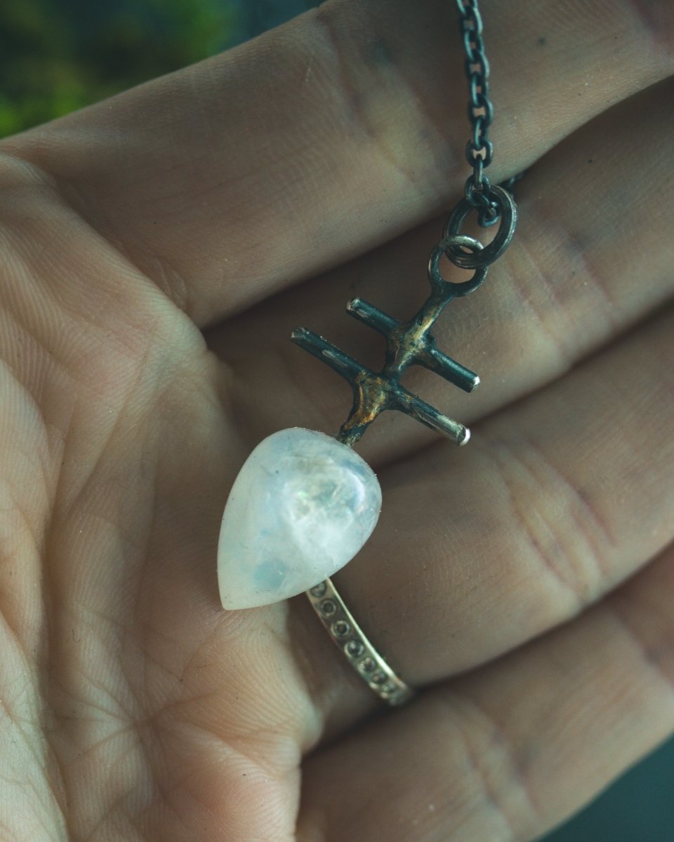 Silver & Gold Leviathan Cross Pendant with Moonstone: A Symbol of Alchemy, Power & Intuition - Machinations