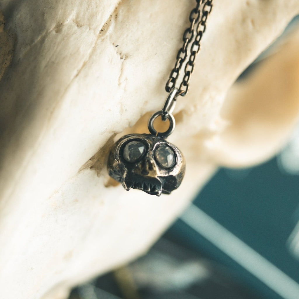 Skull Charm with Cream White Diamond – Sterling Silver & 23.5K Gold | Talisman of Life, Death, and Divine Consciousness - Machinations