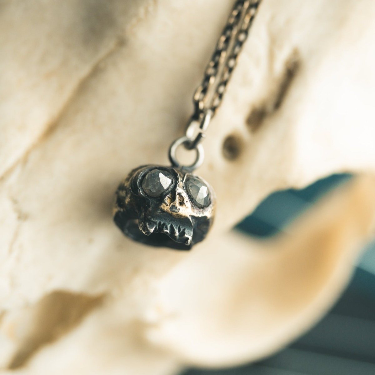 Skull Charm with Cream White Diamond – Sterling Silver & 23.5K Gold | Talisman of Life, Death, and Divine Consciousness - Machinations