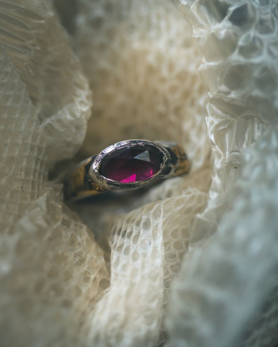 Stirrup Ring with Rose - Cut Garnet - Machinations