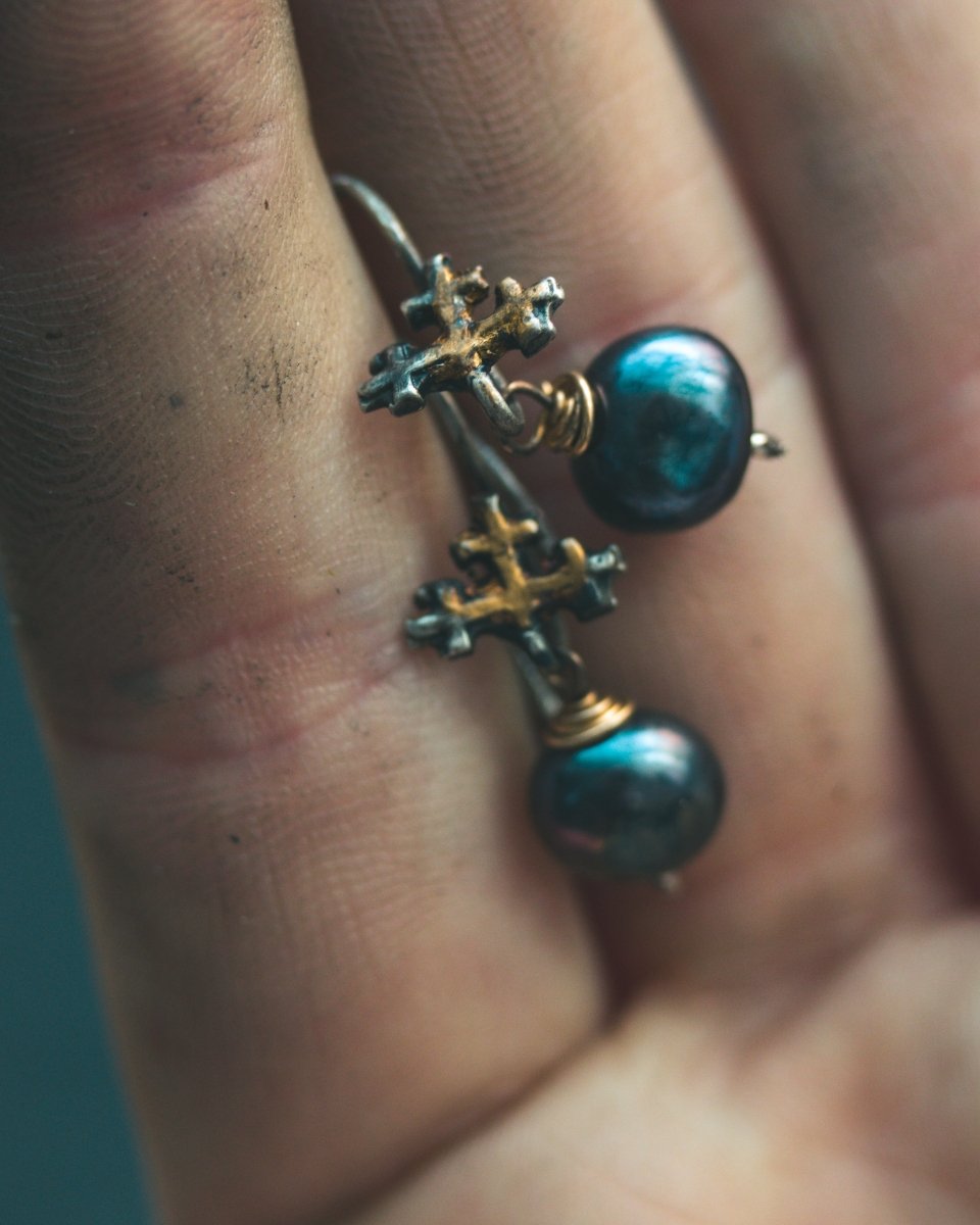 Sword Hilt Ear Wire Earring Hooks with Small Black Freshwater Pearls: A Symbol of Strength, Protection, and Myster - Machinations