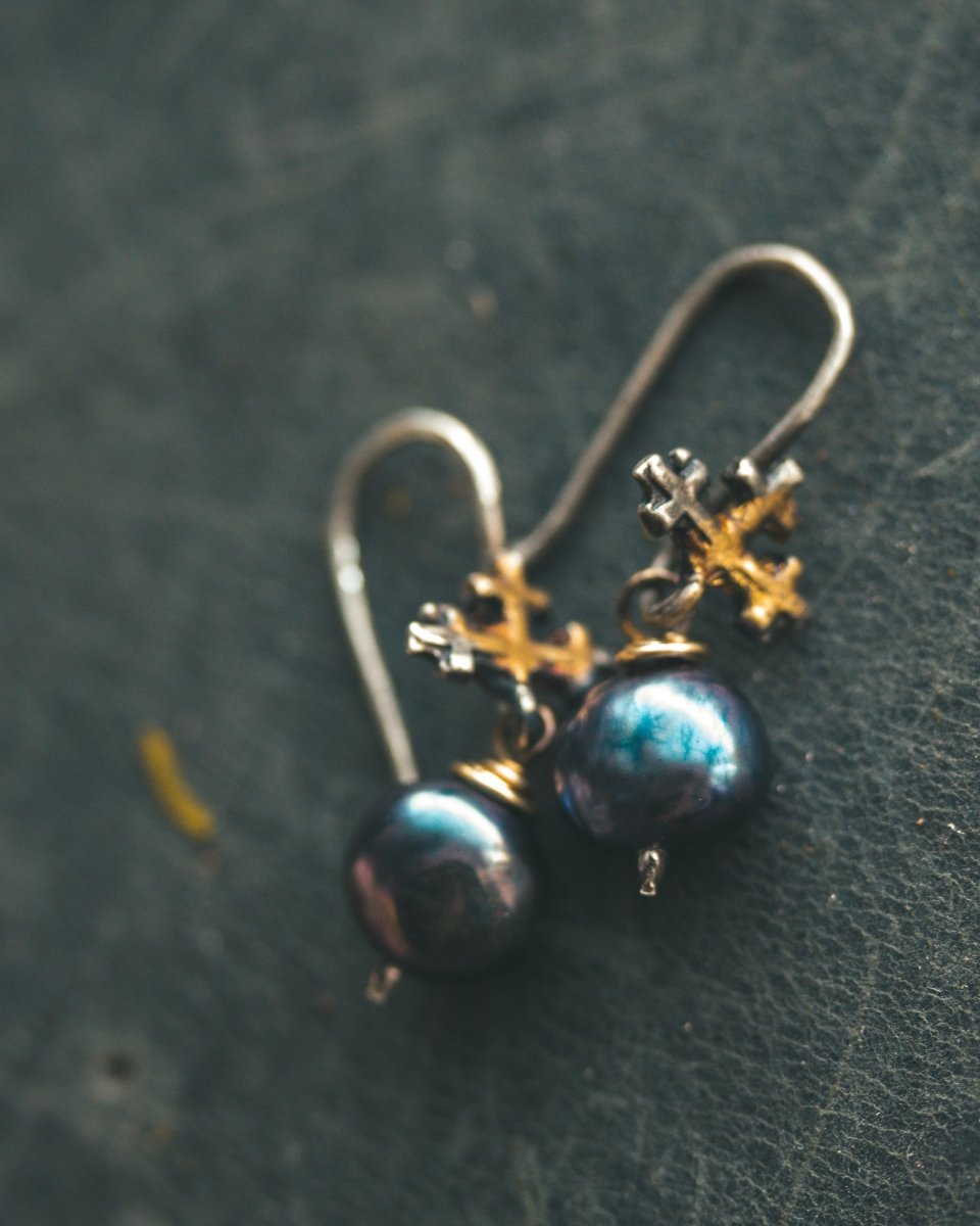 Sword Hilt Ear Wire Earring Hooks with Small Black Freshwater Pearls: A Symbol of Strength, Protection, and Myster - Machinations