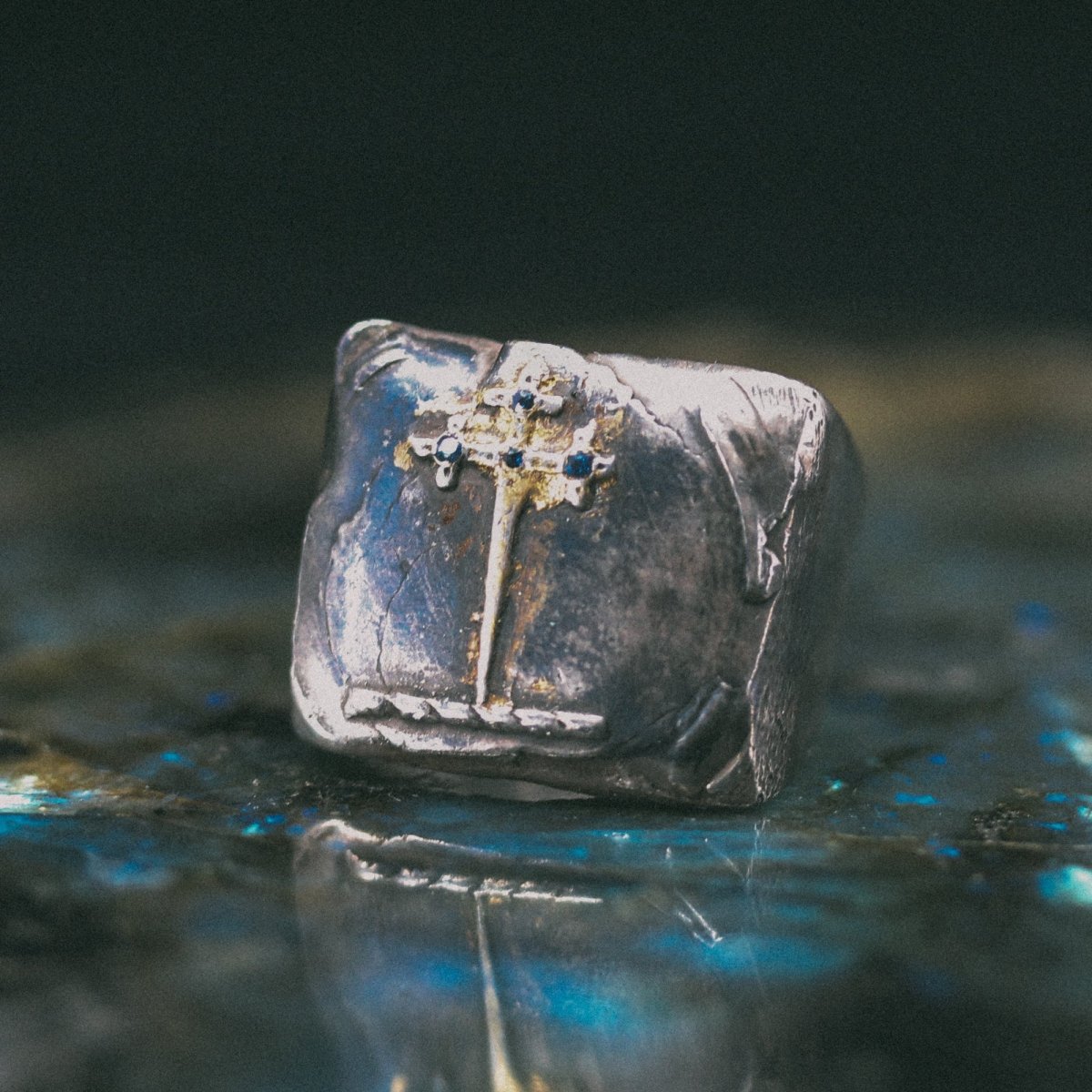 Sword of the Righteous Signet Ring with Sapphire in Sterling Silver and 23K Gold: A Talisman of Power, Wisdom, and Protection - Machinations