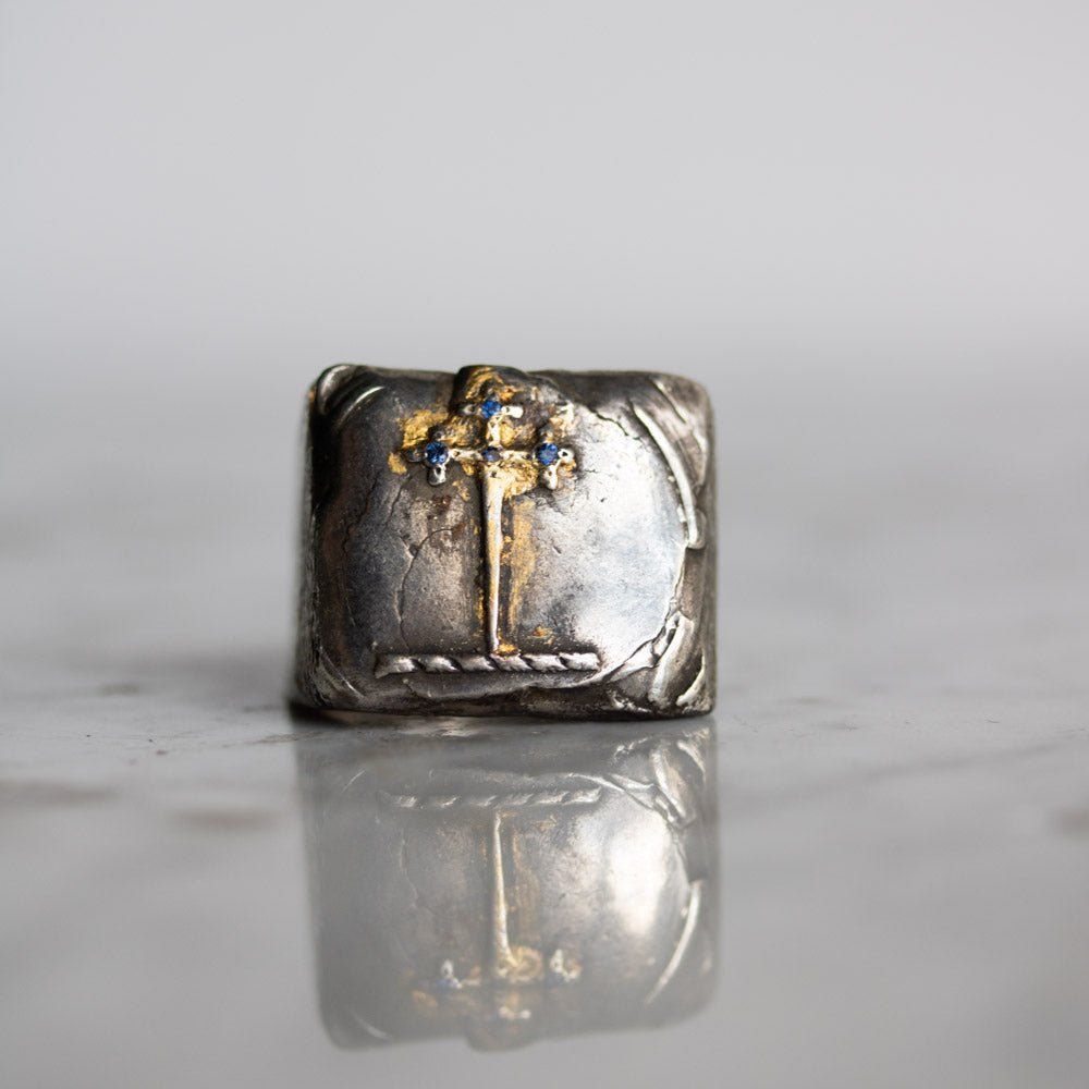Sword of the Righteous Signet Ring with Sapphire in Sterling Silver and 23K Gold: A Talisman of Power, Wisdom, and Protection - Machinations