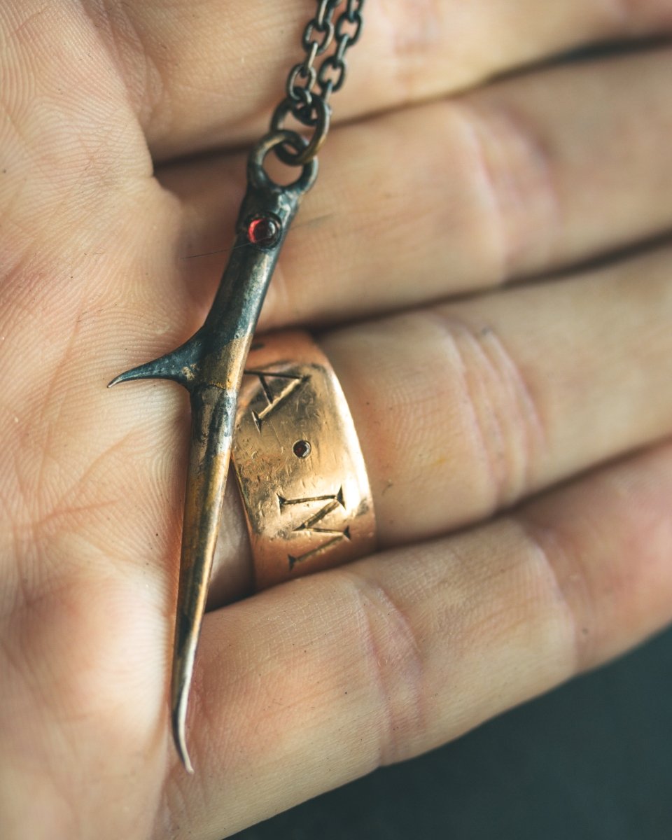 Thorn Pendant with Almandine Garnet – Sterling Silver & 23.5K Gold Talisman of Protection, Enchantment, and Passion - Machinations