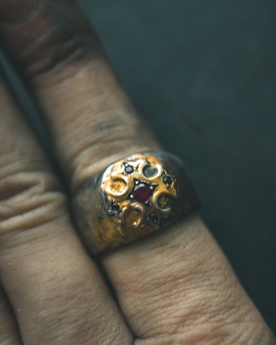 True Cross Signet Ring with Ruby – Sterling Silver & 23K Gold Talisman of Purpose, Direction & Sacred Strength - Machinations