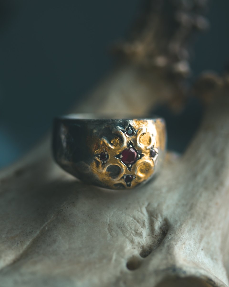 True Cross Signet Ring with Ruby – Sterling Silver & 23K Gold Talisman of Purpose, Direction & Sacred Strength - Machinations