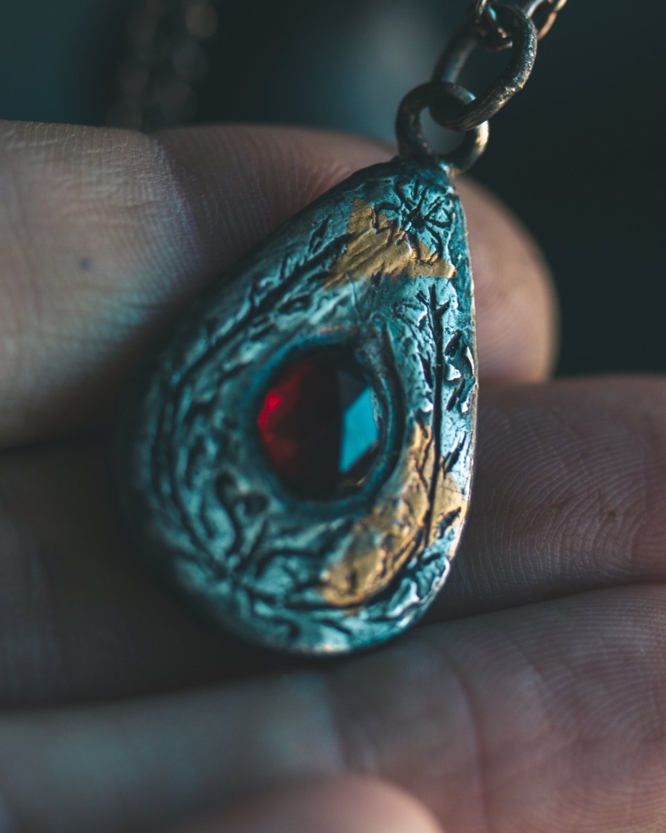 Yaga's Cabinet: Wheat & Flame Talisman | Sterling Silver | 23.5K Keum - boo Gold | Almandine Garnet - Machinations