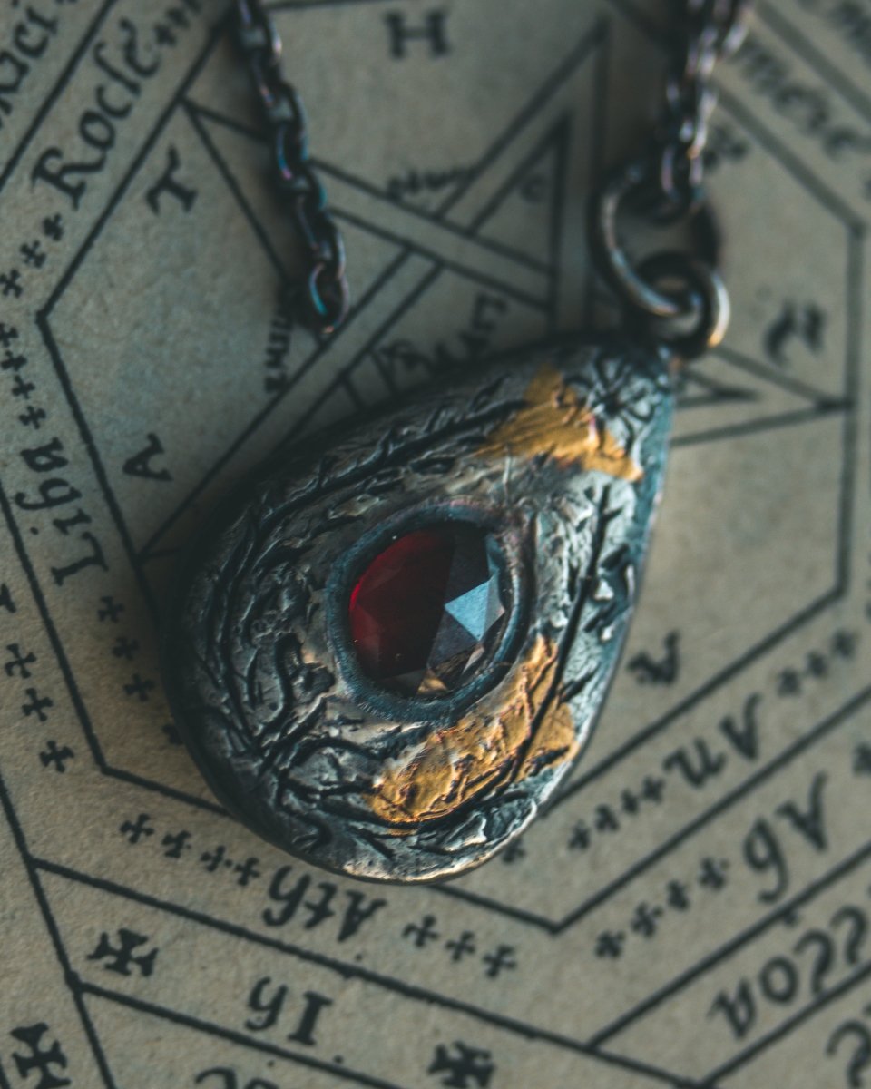 Yaga's Cabinet: Wheat & Flame Talisman | Sterling Silver | 23.5K Keum - boo Gold | Almandine Garnet - Machinations