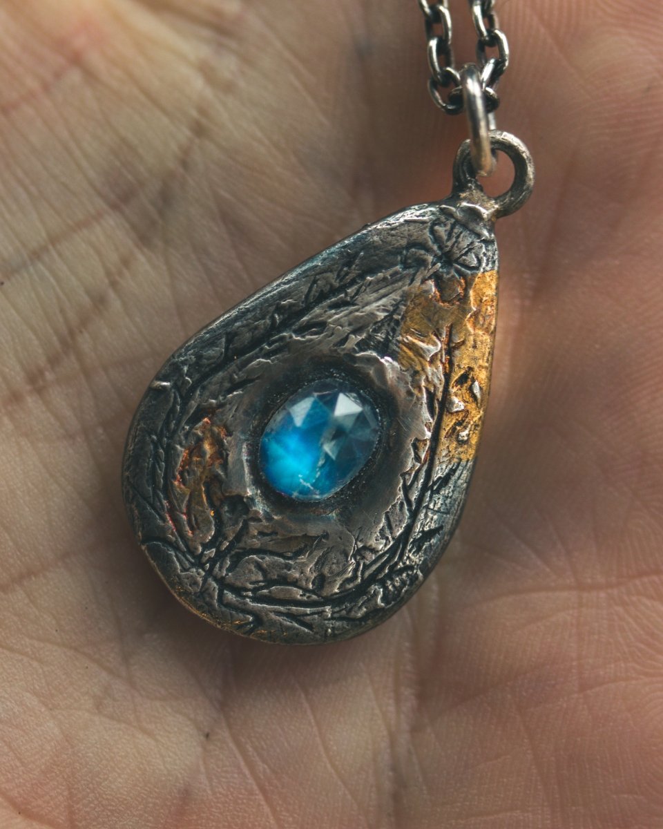 Yaga's Cabinet: Wheat & Flame Talisman | Sterling Silver | 23.5K Keum - boo Gold | Blue Flash Moonstone - Machinations