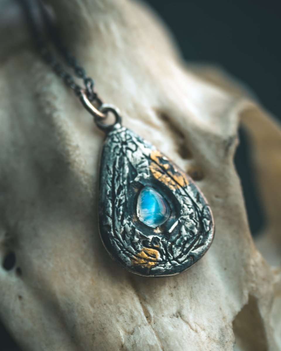 Yaga's Cabinet: Wheat & Flame Talisman | Sterling Silver | 23.5K Keum - boo Gold | Blue Flash Moonstone - Machinations