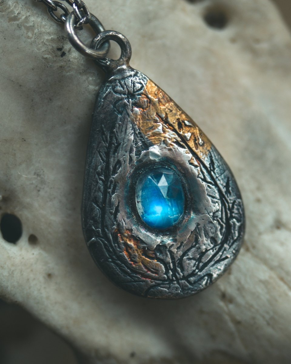 Yaga's Cabinet: Wheat & Flame Talisman | Sterling Silver | 23.5K Keum - boo Gold | Blue Flash Moonstone - Machinations