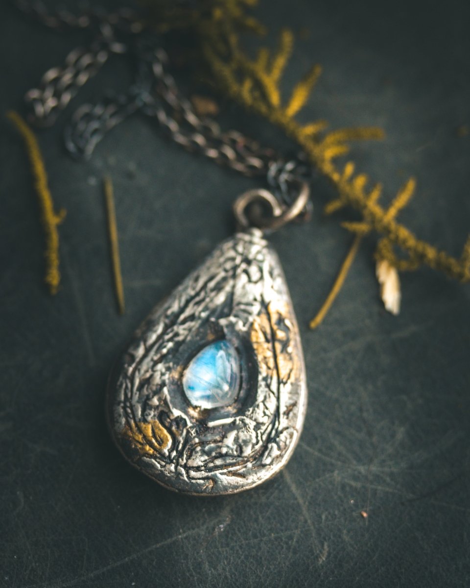 Yaga's Cabinet: Wheat & Flame Talisman | Sterling Silver | 23.5K Keum - boo Gold | Blue Flash Moonstone - Machinations