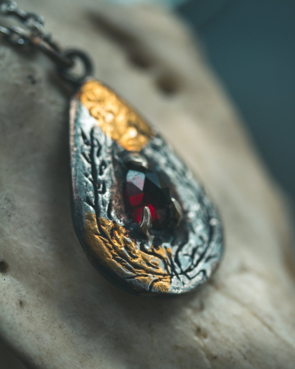 Yaga's Cabinet: Wheat & Flame Talisman - Sterling Silver | 23.5K Keum - boo Gold | Rose - Cut Garnet - Machinations