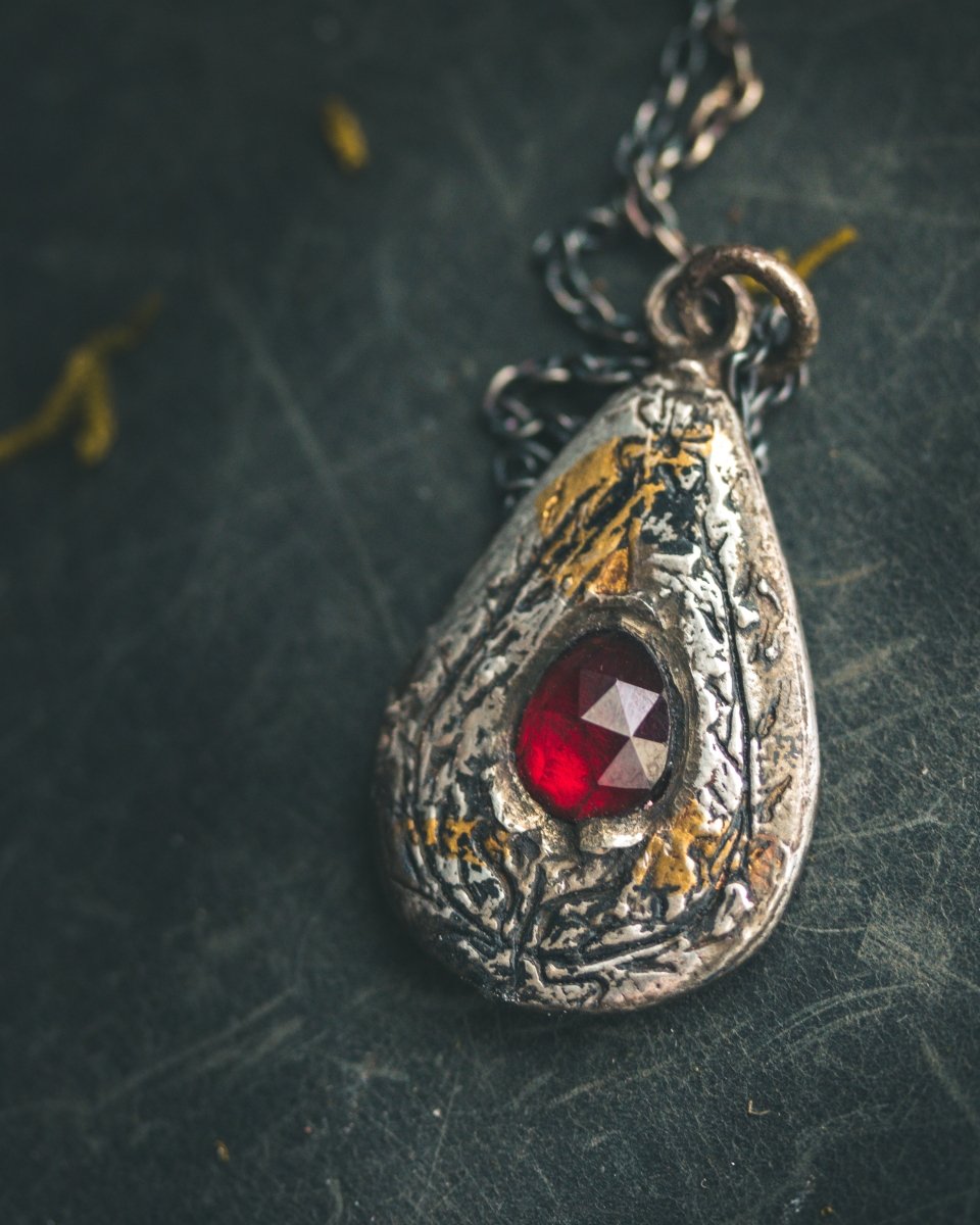 Yaga's Cabinet: Wheat & Flame Talisman - Sterling Silver | 23.5K Keum - boo Gold | Rose - Cut Garnet - Machinations