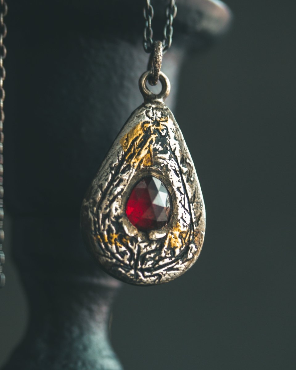 Yaga's Cabinet: Wheat & Flame Talisman - Sterling Silver | 23.5K Keum - boo Gold | Rose - Cut Garnet - Machinations