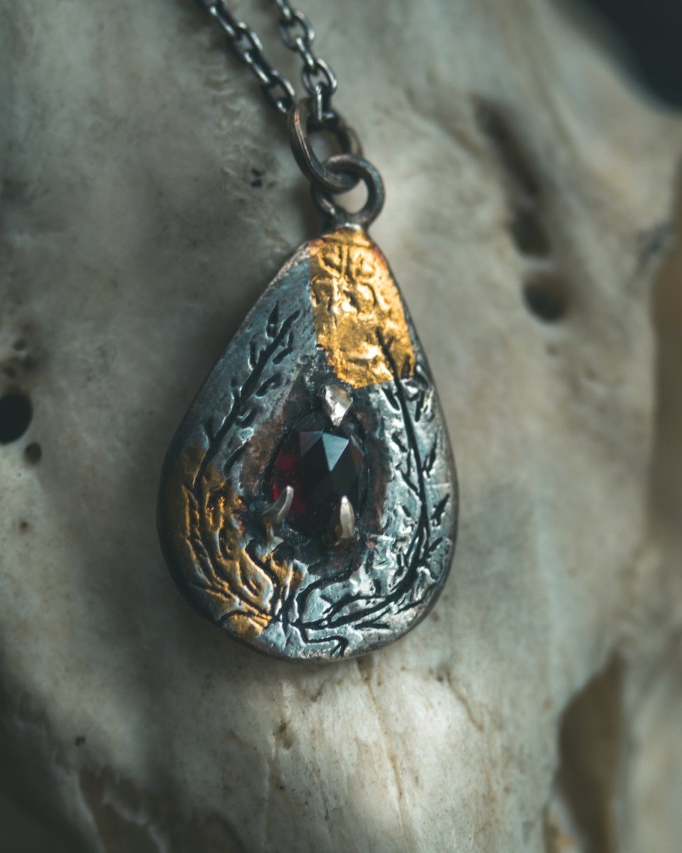 Yaga's Cabinet: Wheat & Flame Talisman - Sterling Silver | 23.5K Keum - boo Gold | Rose - Cut Garnet - Machinations