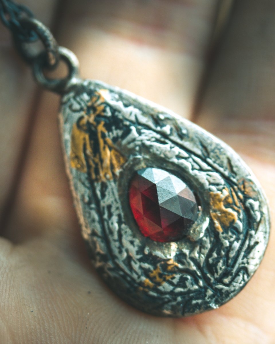 Yaga's Cabinet: Wheat & Flame Talisman - Sterling Silver | 23.5K Keum - boo Gold | Rose - Cut Garnet - Machinations