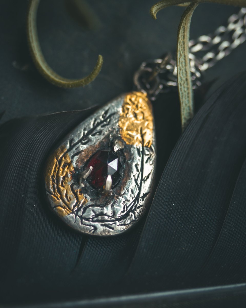 Yaga's Cabinet: Wheat & Flame Talisman - Sterling Silver | 23.5K Keum - boo Gold | Rose - Cut Garnet - Machinations