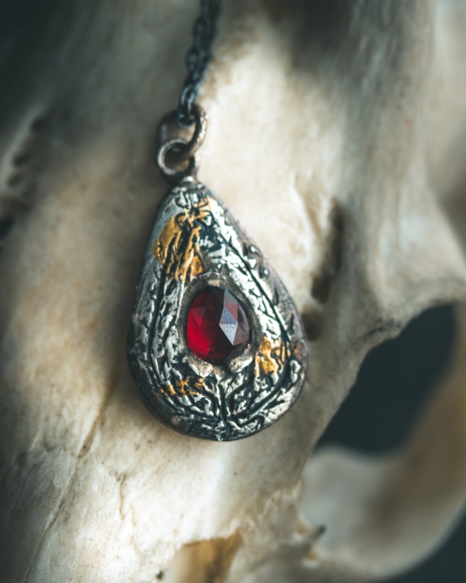 Yaga's Cabinet: Wheat & Flame Talisman - Sterling Silver | 23.5K Keum - boo Gold | Rose - Cut Garnet - Machinations