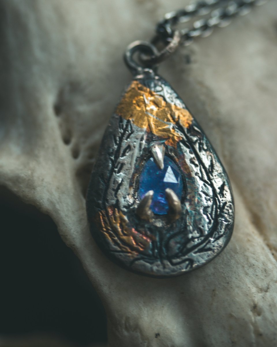 Yaga's Cabinet: Wheat & Flame Talisman | Sterling Silver | 23.5K Keum - boo Gold | Tanzanite - Machinations